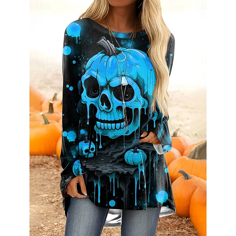 Halloween Women's T Shirt Skulls Graphic Pumpkin Vintage Stylish Casual Long Sleeve Crew Neck Regular Tops Daily Print Pink Blue Orange Green Gray Spring Fall4