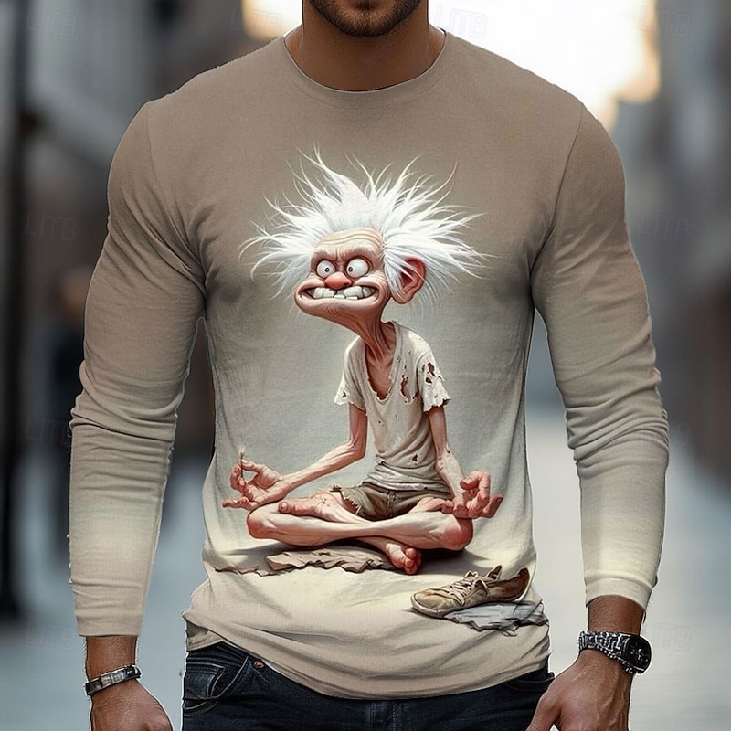Men's 3D Old Man T Shirt Long Sleeve T shirt 3D Print Crew Neck Shirt Fashion Basic Street Casual Daily Light Brown Khaki Dark Gray Summer Spring Clothing Apparel S M L XL XXL XXXL4