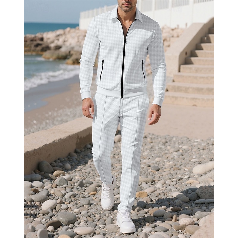 Men's Lightweight Jacket Casual Jacket Set Vacation Daily Breathable Pocket 2 Piece Spring Fall Plain Fashion Classic Lapel Regular Black White Royal Blue Khaki Gray Jacket