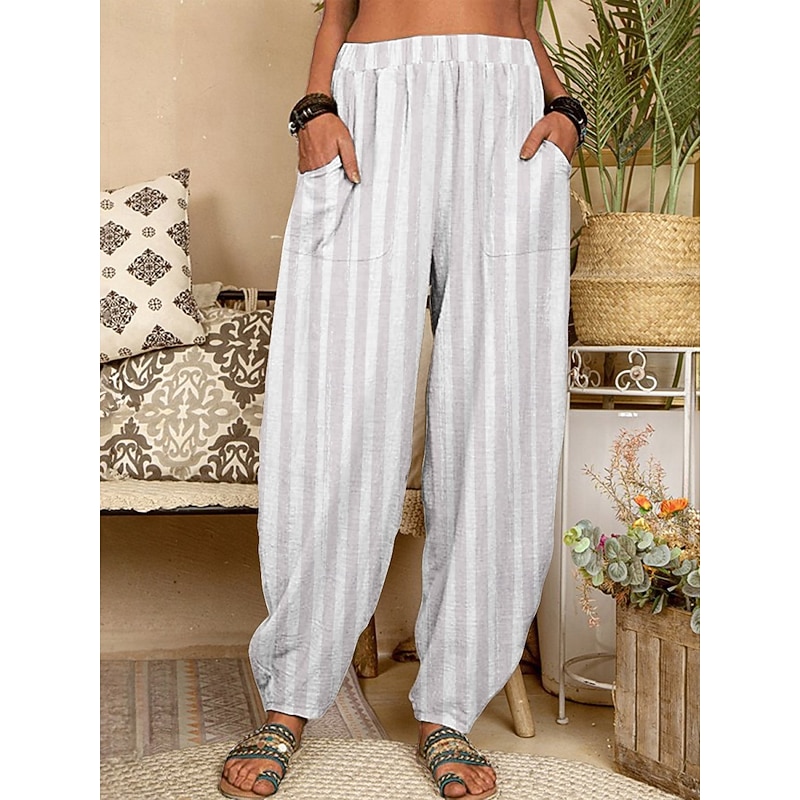 Women's Chinos Pants Trousers Active Fashion Long High Waist Stripe Pocket Elastic Waist Printing Breathability Soft Micro-elastic Vacation Street Daily Wear White Spring Fall Regular Fit