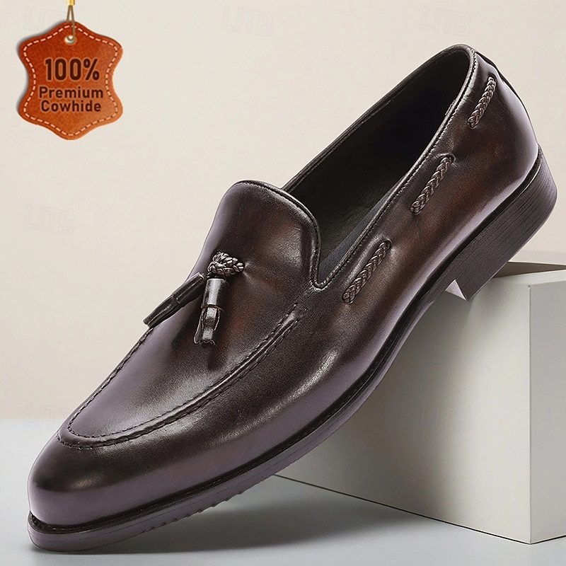 Men's Dark Brown Leather Tassel Loafers – Classic Slip-On Cowhide Dress Shoes for Office, Business Meetings and Daily Wear