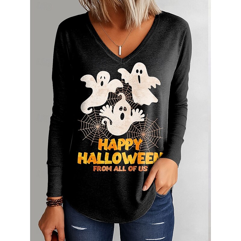 Halloween Women's T shirt Ghost Graphic Letter Elegant Vintage Stylish Long Sleeve V Neck Regular Tops Daily Going out Weekend Print Blue Purple Orange Green Fall Winter