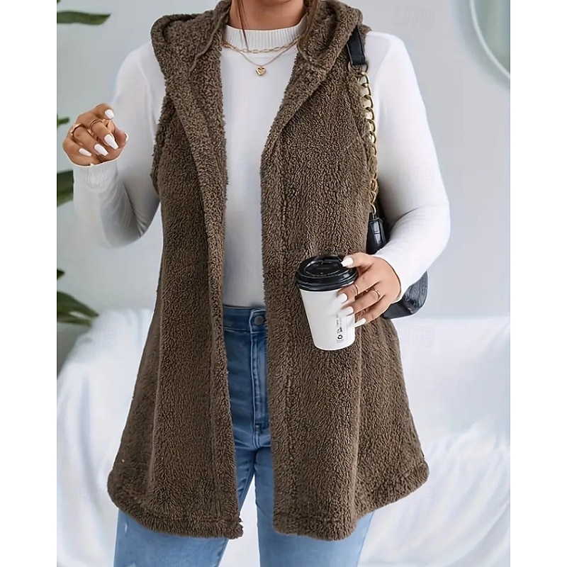 Women's Vest Warm Comfortable Pocket Casual Plain Holiday Daily Wear Open Front Regular Hooded Regular Fit Sleeveless Outerwear Coffee Fall Winter