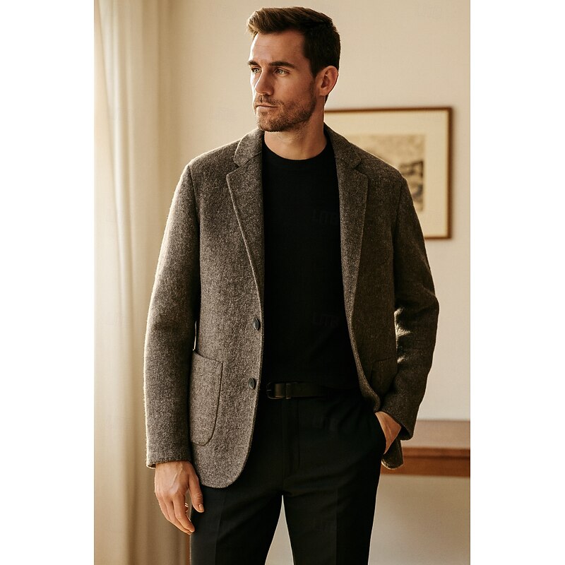 Men's Wool Blend Blazer Jacket School Formal Vacation Elegant Classic Spring Fall Wool Polyester Solid Color Herringbone Thermal Warm Single Breasted Two-button Blazer Coffee Gray