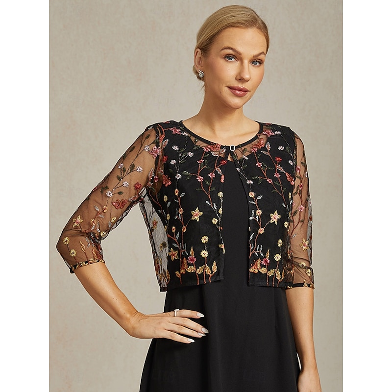 Women's Jacket Blazer Lace Embroidered Elegant Floral Formal Anniversary Party Wedding Guest Open Front Short Crewneck Regular Fit 3/4 Length Sleeve Outerwear Black Summer Spring