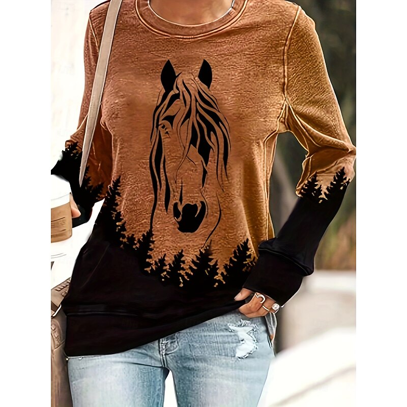 Women's Pullover Sweatshirt Graphic Animal Casual Long Sleeve Crew Neck Regular Tops Street Casual Holiday Print White Pink Blue Brown Green Spring Fall Winter - Main Image