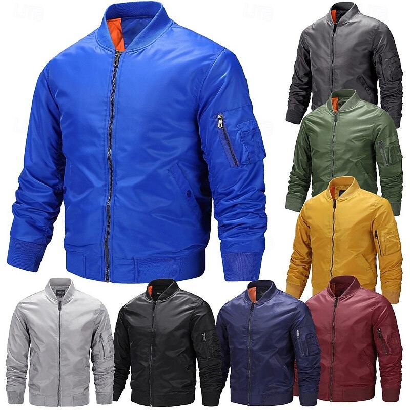 Men Bomber Jacket Sport Coat Casual Baseball Zip Up Spring &  Fall Punk Active Stand Collar Regular Dark Gray Black Yellow Burgundy Navy Blue Jacket