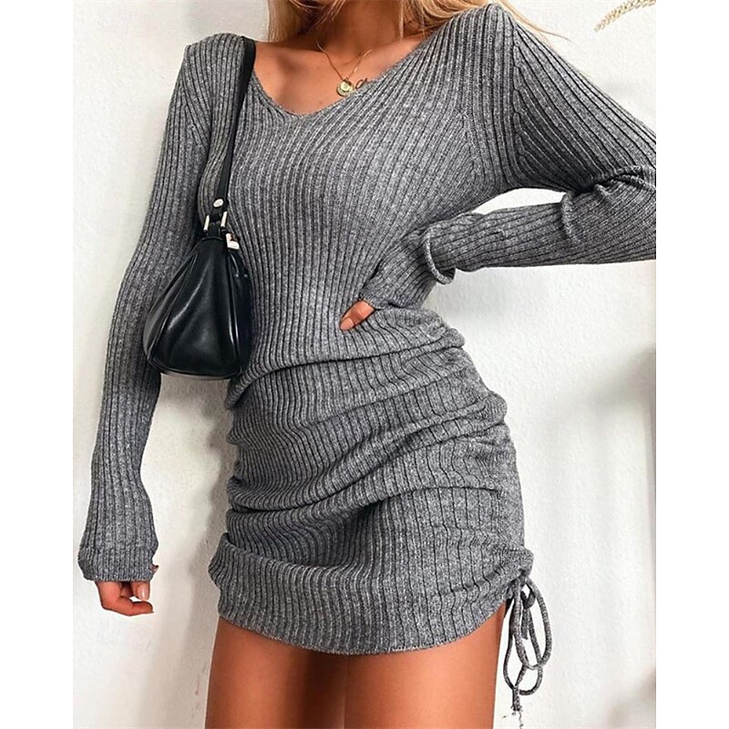 Women's Mini Dress Sweater Dress Fashion Modern Outdoor Vacation Holiday Regular Fit Plain Long Sleeve V Neck Black Yellow Wine Dark Green Fall3
