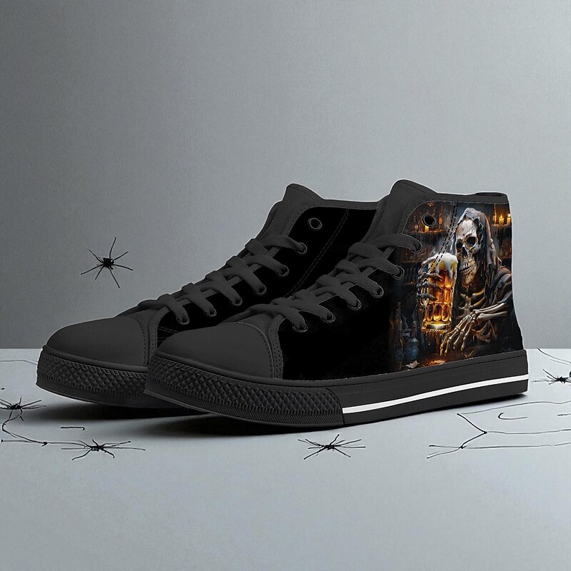 Men's High-Top Canvas Sneakers with Grim Reaper Beer Mug Print – Durable Casual Lace-Up Shoes for Halloween, Gothic Style & Night Events3