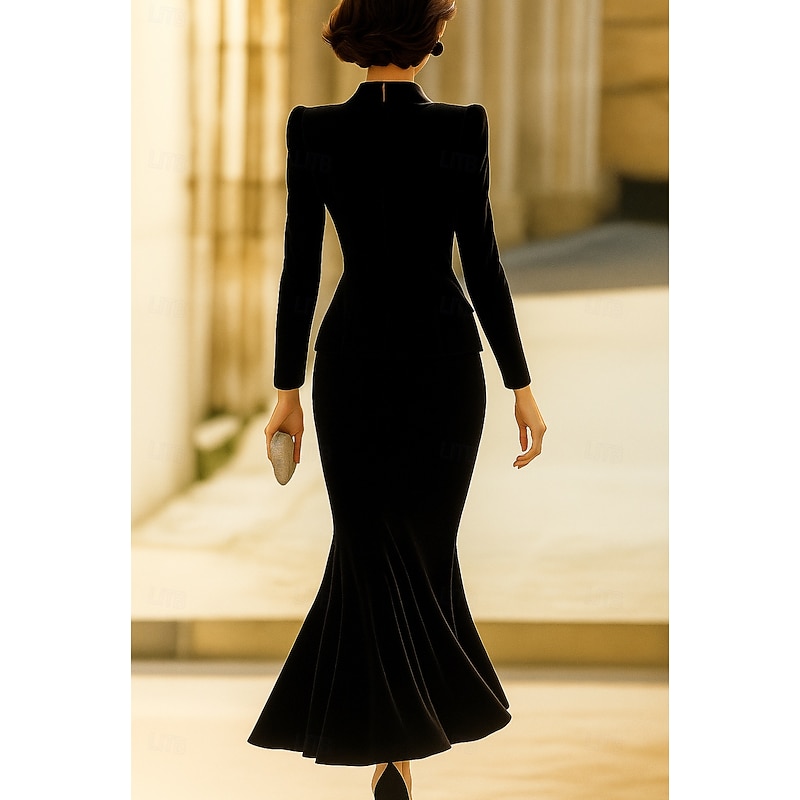 2 Pieces Tuxedo Dress Sets Mermaid / Trumpet Formal Wedding Guest Velvet Elegant Simple Long Sleeve Ankle Length Peak Lapel2