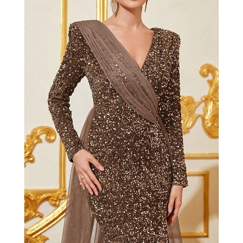 Mermaid / Trumpet Stretch Velvet Sequin Evening Gown Elegant Dress Formal Wedding Floor Length Long Sleeve V Neck Tulle with Slit 20252