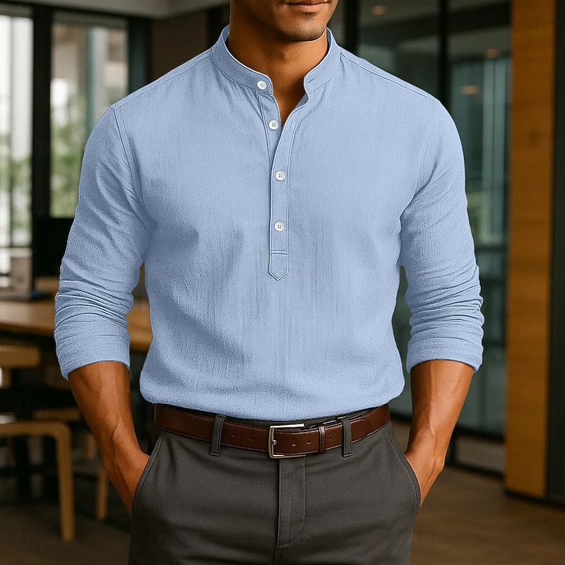 Men's Linen Shirt Popover Shirt Dress Shirt Casual Shirt Beach Shirt Band Collar Shirt Plain Vacation Casual Black White Pink Blue Long Sleeve Band Collar Spring & Summer All Seasons Clothing Apparel3