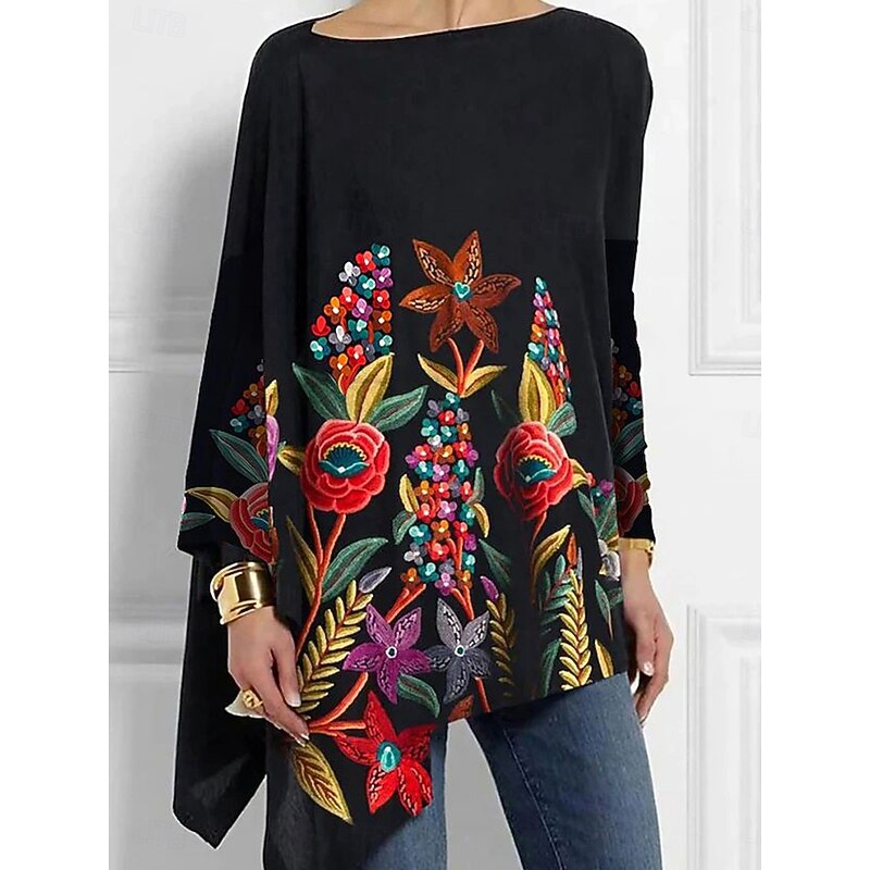 Women's T Shirt Graphic Geometric Abstract Vintage Stylish Casual Long Sleeve Crew Neck Long Tops Daily Print Asymmetrical Black White Yellow Red Spring Fall3