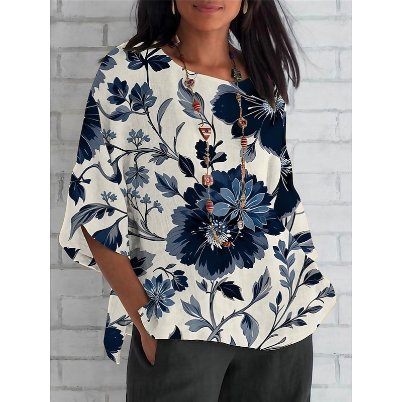 Women's Shirt Floral Daily Casual 3/4 Length Sleeve Crew Neck Regular Tops Daily Holiday Print Navy Blue Beige Summer Spring Fall