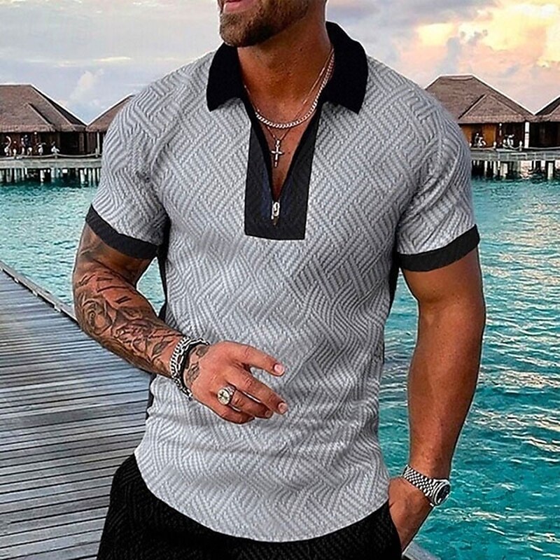 Men's Geometric Hawaiian Polo Shirts Golf Shirt Short Sleeve Polo Shirts Collared Shirts Casual Beach Wear Vacation Wear Party Outfits 3D Print Quarter Zip Polo White gray Black Light Green4