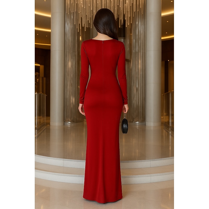 Mermaid / Trumpet Jersey Evening Gown Elegant Dress Formal Wedding Floor Length Long Sleeve Cowl Neck Satin 20252