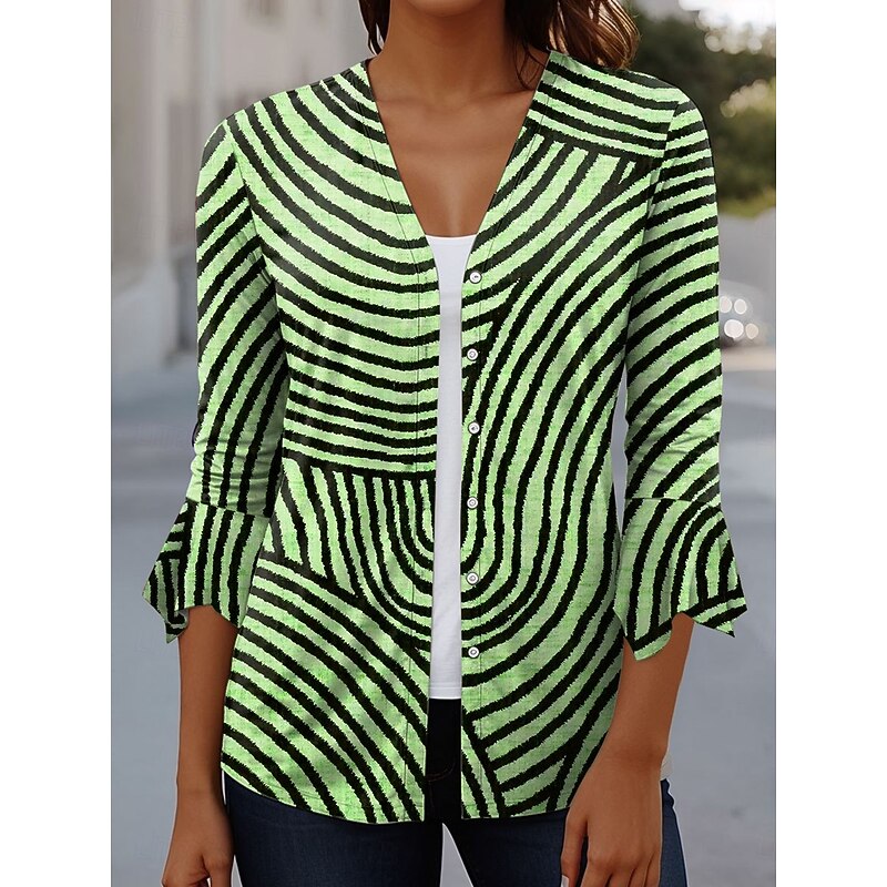 Women's T Shirt Graphic Geometric Elegant Vintage Stylish 3/4 Length Sleeve V Neck Regular Tops Daily Going out Ruffle Buttons Pink Blue Green Khaki Summer Spring Fall4