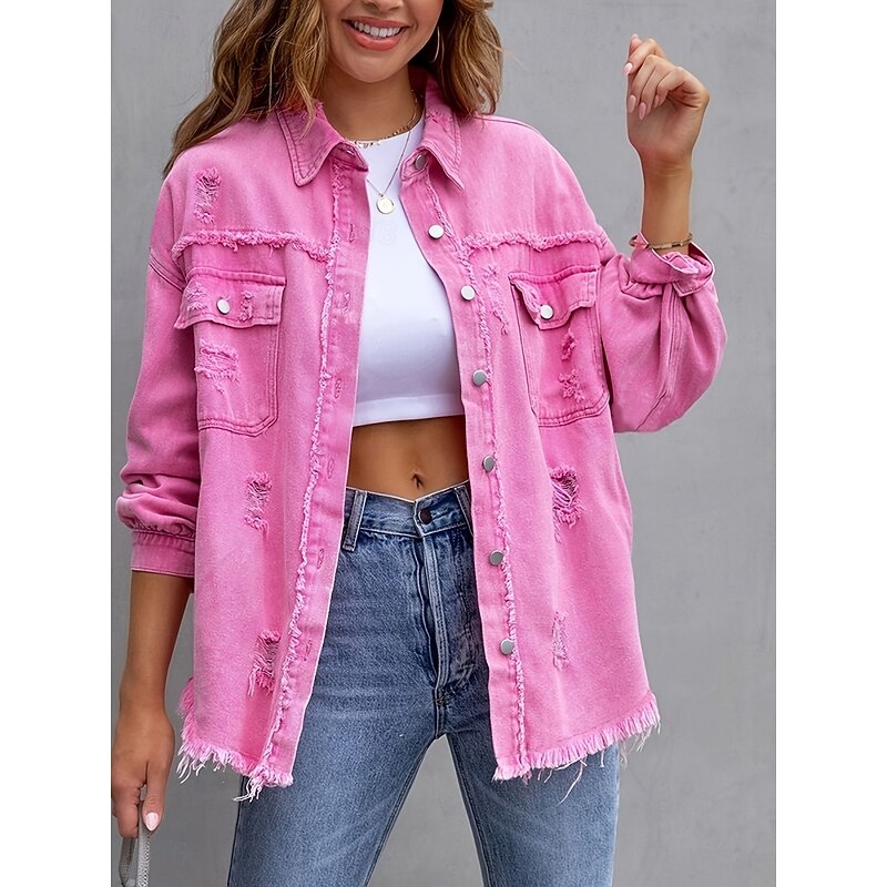 Women's Casual Jacket Comfortable Breathable Pocket Tassel Casual Street Style Plain Vacation Street Casual Daily Wear Single Breasted Regular Turndown Regular Fit Long Sleeve Outerwear Black Pink