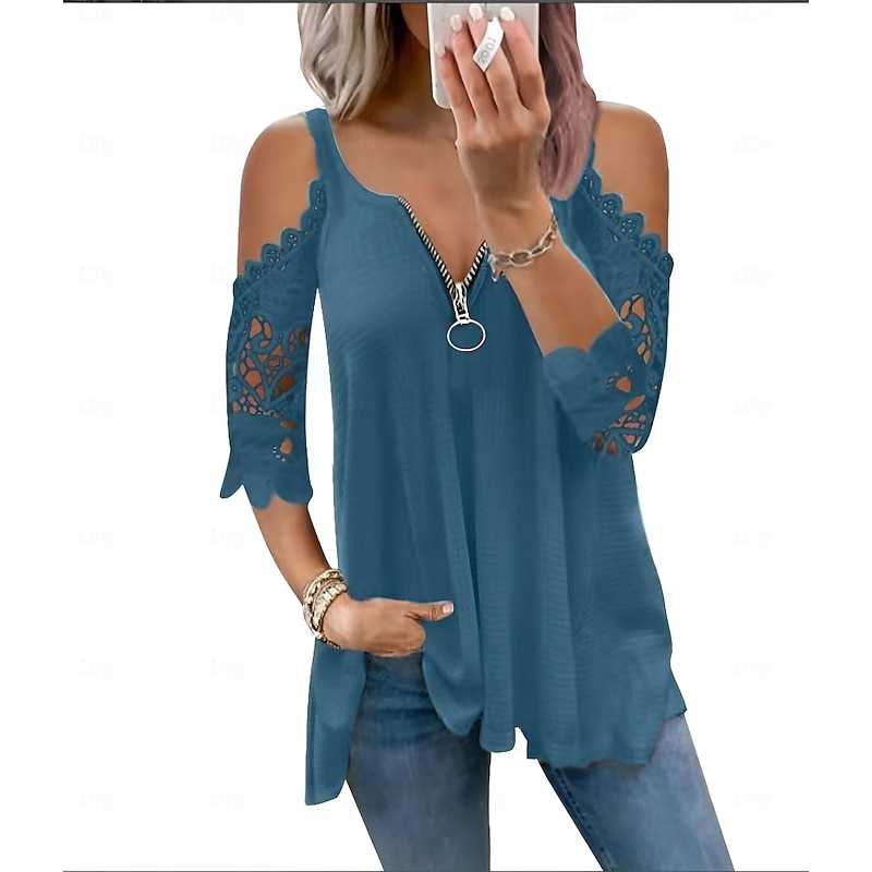 Women's Blouse Plain Modern Casual 3/4 Length Sleeve V Neck Regular Tops Daily Going out Zipper Cut Out Black White Pink Blue Gray Summer3