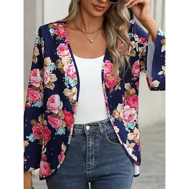 Women's Casual Jacket Comfortable Breathable Print Casual Floral Vacation Street Casual Daily Wear Open Front Short Collarless Regular Fit Long Sleeve Outerwear Navy Summer Spring4