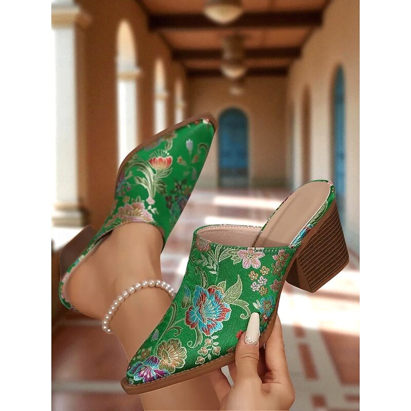 Women's 1950s Green Jacquard Mule Heels – Floral Brocade Slip-On Block Heel Mules for Vintage-Inspired Looks, Elegant Outfits and Cultural Events4