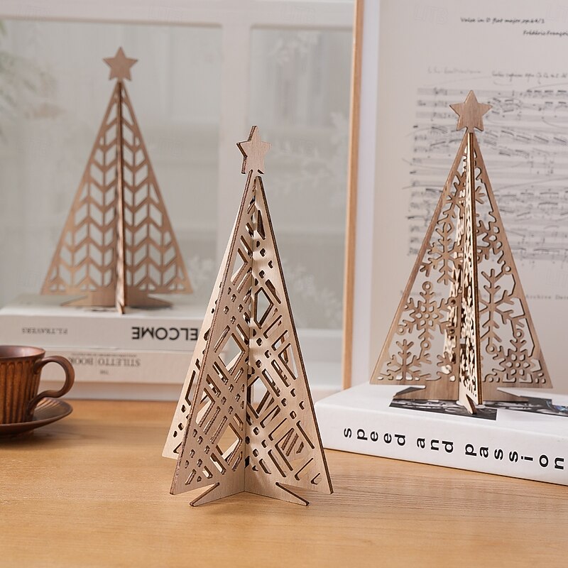 Wooden Christmas Tree Desktop Decorations, Simple Minimalist Wood Xmas Tree Ornaments for Home Decor, Party, Restaurant, Holiday Display, Store Window, and Gift