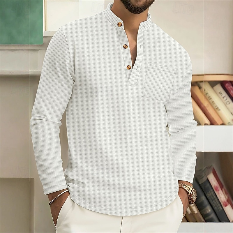 Men's Shirt Popover Shirt Summer Shirt Casual Shirt Beach Shirt Black White Wine Dark Green khaki Long Sleeve Plain Band Collar Vacation Hawaiian Clothing Apparel Polyester Fashion Casual Comfortable4