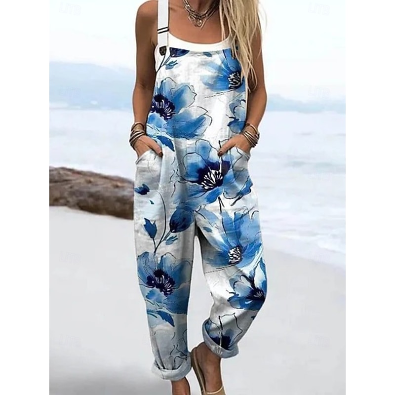 Women's Dungarees Active Floral Sleeveless Sleeveless Straight Square Neck Pocket with Pocket Vacation Daily Loose Fit Blue Purple Orange Summer