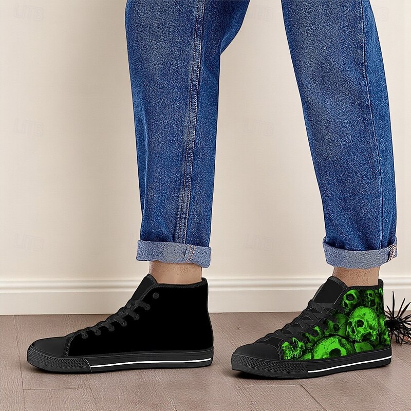 Men's Green Skull Print High Top Sneakers – Gothic Punk Style Canvas Shoes for Halloween Party, Clubbing and Daily Streetwear2