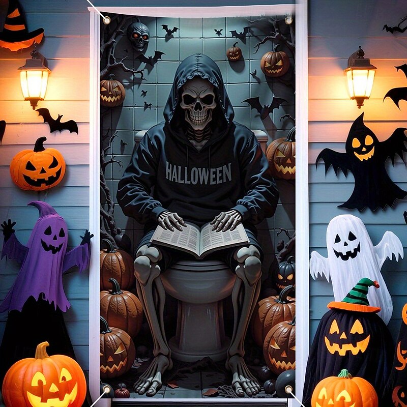 Skeleton Reading on Toilet Halloween Door Cover – Funny Spooky Bathroom Decor for Indoor Outdoor Front Porch or Room
