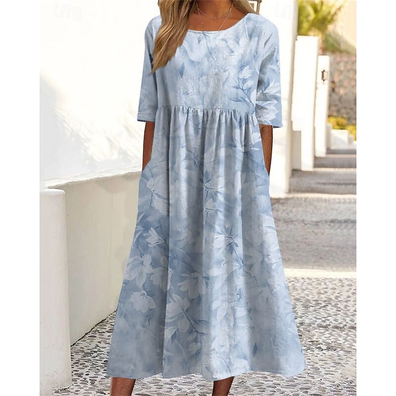 Women's Midi Dress Casual Dress Summer Dress Fashion Modern Daily Beach Weekend Regular Fit Flower Short Sleeve Crew Neck Blue Green Dark Blue Summer Spring2