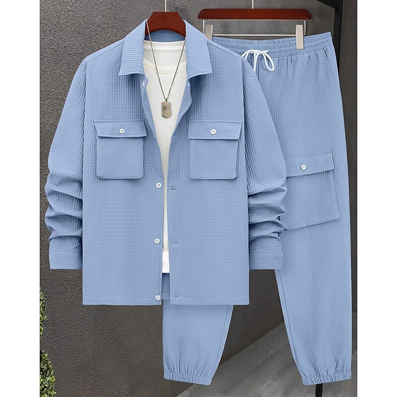 Men's Lightweight Jacket Cargo Jacket Casual Jacket Set Vacation Daily Breathable Jacquard Pocket Spring Fall Plain Fashion Classic Lapel Regular Black Light Green Khaki Light Blue Jacket3