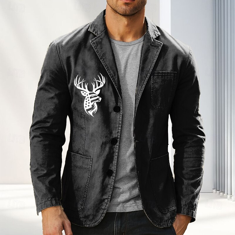 Men's Reindeer Print US Flag Blazer Cotton Suit Jacket Suits Coat Casual Outdoor Dailywear Multiple Pockets Three Button Stripe Lined Suit Jacket Fall Winter Notch lapel collar Long Sleeve Black3