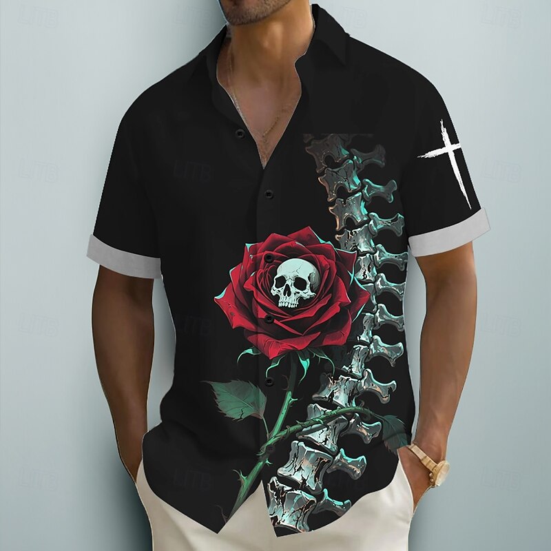 Men's Skull Day of the Dead Rose Shirt Summer Shirt Button Up Shirt Short Sleeve Dark Punk Gothic Style Holiday Streetwear Summer Turndown 3D Print Linen Like Shirt Black