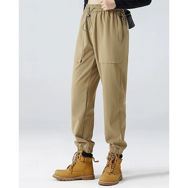 Women's Cargo Pants Fleece Pants Slacks Fashion Plus velvet Full Length Natural Plain Drawstring Windproof Warm Comfortable Street Holiday Daily Wear Dark Brown Black Dark Gray Brown Winter Regular2