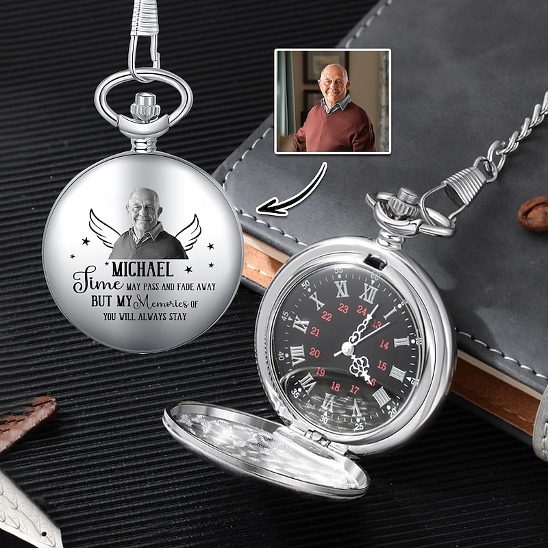 Personalized Memorial Photo Pocket Watch Custom Sympathy Gifts For Loss Of Loved Ones, Classic Chain Fob Watch for Men, Unique Gift for Father's Day, Valentine's Day, Christmas, and Thanksgiving