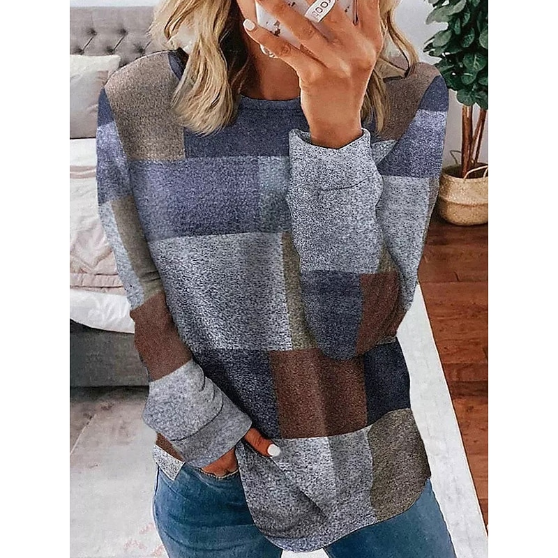 Women's Sweatshirts Graphic Geometric Vintage Casual Long Sleeve Crew Neck Regular Tops Dailywear Casual Print Blue Brown Dark Blue Gray Summer Spring Fall2