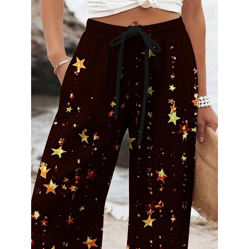 Women's Wide Leg Pants Trousers Vacation Casual Long High Waist Star Elastic Waist Printing High Cut Breathability Soft Micro-elastic Vacation Street Daily Wear Black Spring Fall Regular Fit2