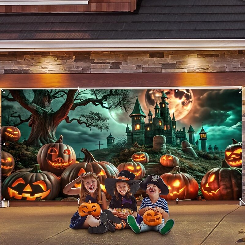 Halloween Garage Door Cover Large Hanging Backdrop Pumpkin Dark Punk Gothic Style Party Outdoor Shooting Backgrounds Yard Haunted House Home Decor2