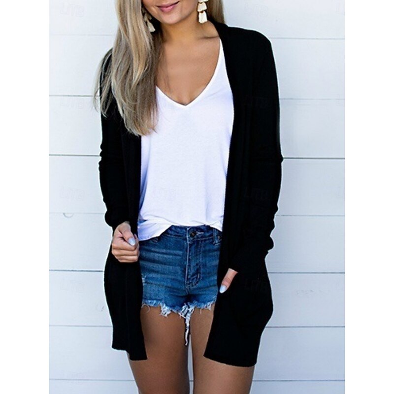 Women's Coat Comfortable Breathable Pocket Fashion Daily Plain Outdoor Casual Daily Open Front Regular Collarless Regular Fit Long Sleeve Outerwear Black Dark Gray Gray Spring Fall2