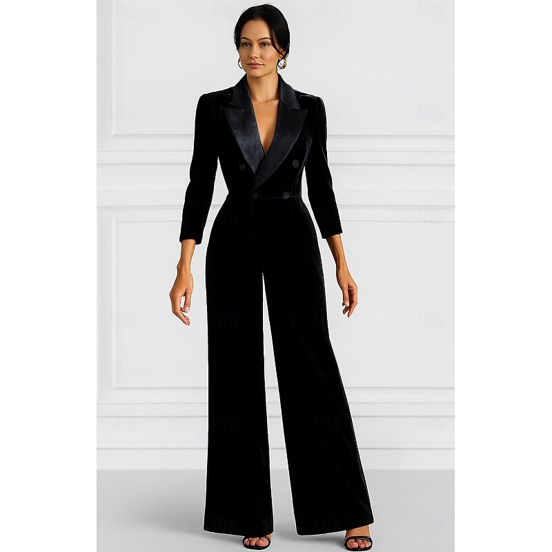 Women's 2 Pieces Suits Formal Wedding Guest Velvet Elegant Minimalist 3/4 Sleeve Pleated Floor Length Peak Lapel Double Breasted