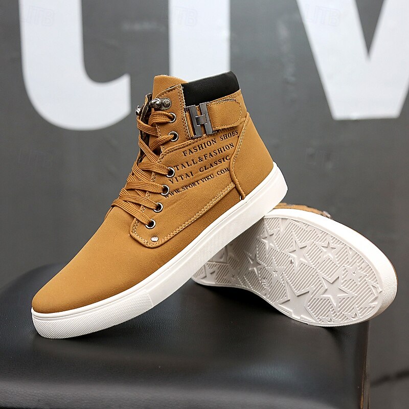 Men's Tan Faux Leather High-Top Sneakers with Lace-Up Design, Stylish Casual Shoes for Walking, Work and Weekend Outfits4