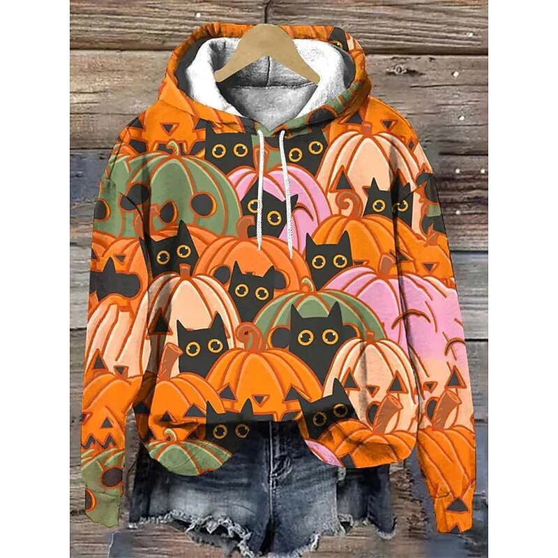 Halloween Women's Pullover Hoodie Sweatshirt Ghost Graphic Pumpkin Fashion Casual Print Long Sleeve Hooded Regular Tops Street Dailywear Drawstring Print Black White Orange Fall Winter2