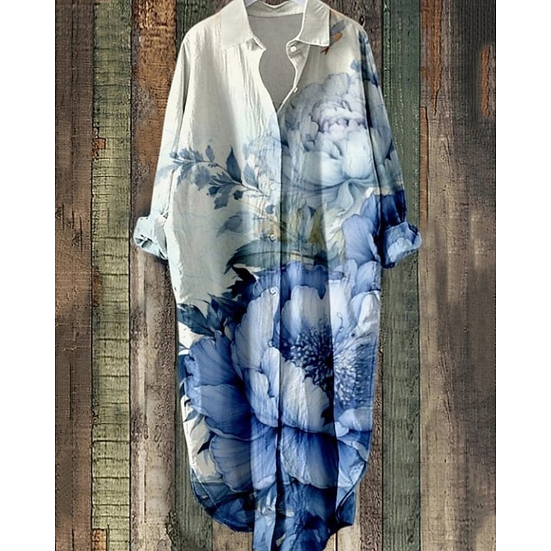 Women's Midi Dress Shirt Dress Casual Dress Fashion Modern Daily Beach Weekend Regular Fit Flower Long Sleeve Shirt Collar Black Pink Blue Green Spring Fall