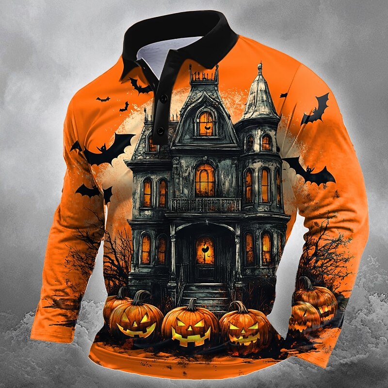 Halloween Men's Pumpkin Castle Polo Long Sleeve Polo Shirts Lapel Casual Street Festival Outfit 3D Print Buttons Spring Fall Winter orange1 Orange  22