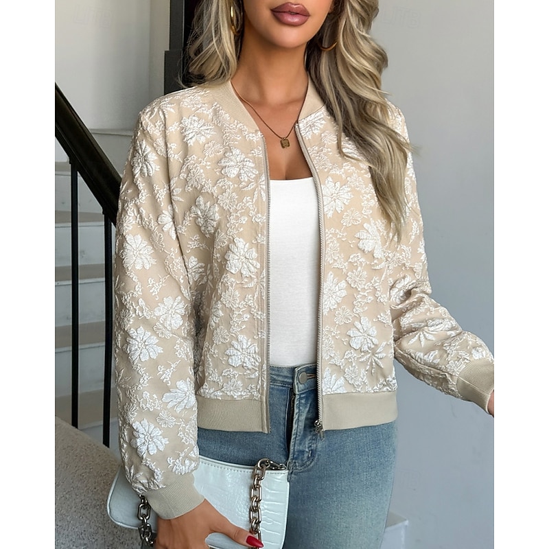 Women's Bomber Jacket Jacket Casual Jacket Warm Comfortable Zipper Pocket Fashion Floral Outdoor Vacation Going out Weekend Zipper Regular Crewneck Regular Fit Long Sleeve Outerwear Khaki Fall Winter