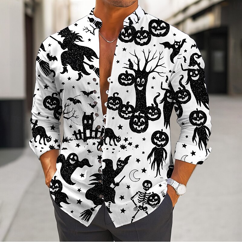 Halloween Men's Pumpkin Bat Halloween Costumes Shirt Stand Collar Shirt Long Sleeve Dark Gothic Style Outdoor Holiday Spring Fall Mandarin Collar Band Collar Button-Down Linen Like Shirt White Blue2