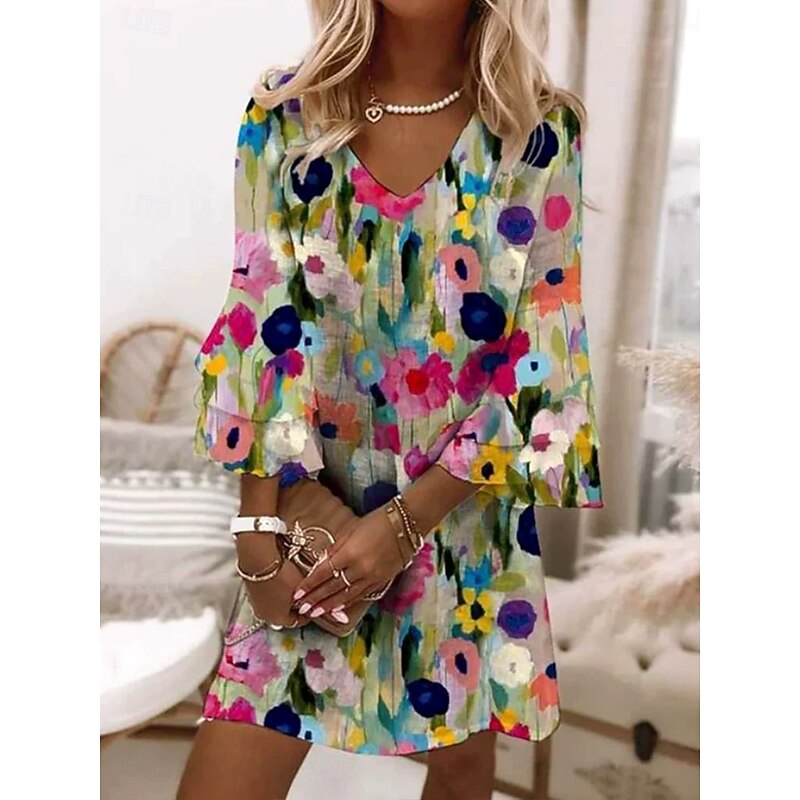 Women's Mini Dress Casual Dress Sundress A Line Dress Vacation Casual Boho Party Regular Fit Floral Graphic Abstract 3/4 Length Sleeve V Neck Magenta Ink Blue Orange Spring Fall3