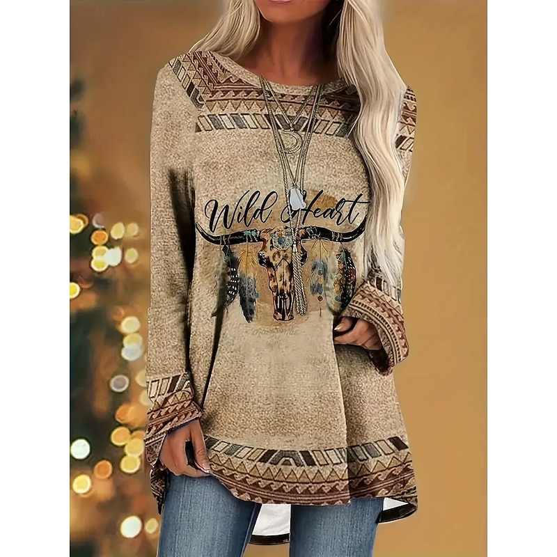 Women's T Shirt Graphic Animal Tribal Vintage Stylish Classic Long Sleeve Crew Neck Round Neck Long Tops Daily Print Black Brown Khaki Spring Fall3
