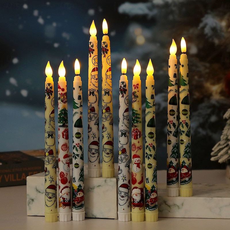 Christmas Colored Pattern Flameless Taper Candles Battery Operated with Remote and Timer 3D Wick Flickering LED Taper Candles Santa Snowman Christmas Tree Decal Holiday Decor (6PCS 0.79''x 9.9'')3